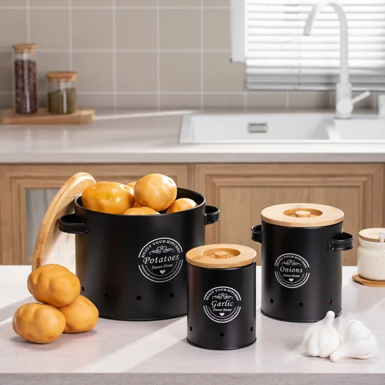 Bamboo Lid Round Metal Food Canister Set Storage Container Set with Handle