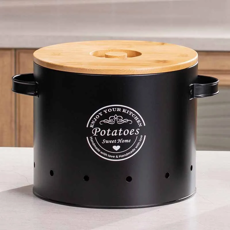 Bamboo Lid Round Metal Food Canister Set Storage Container Set with Handle