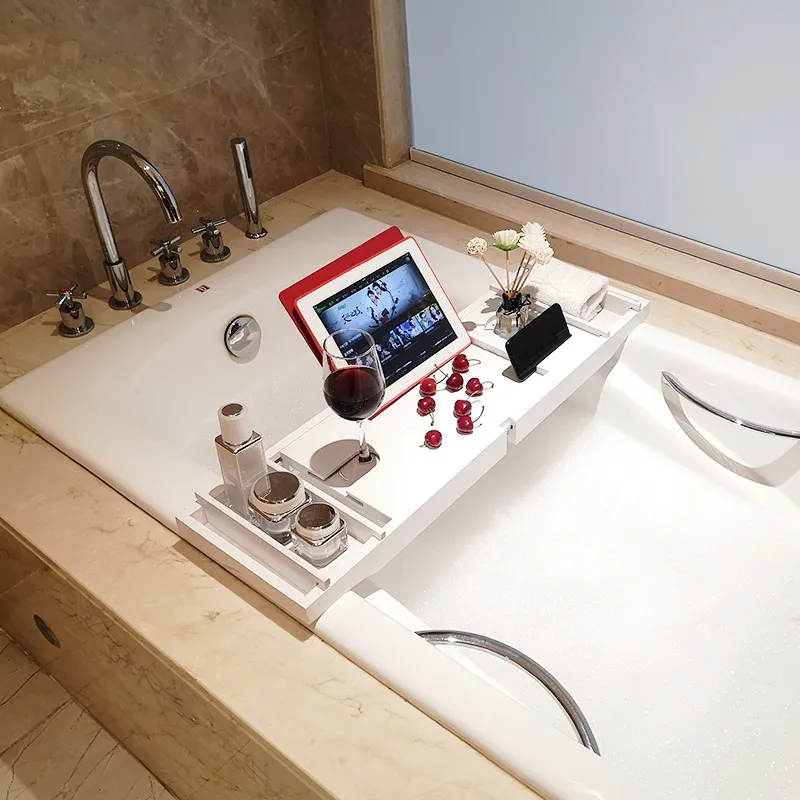 White Color Bamboo Bathroom Storage Rack Bathtub Holder with Flat Panel Mobile Phone Holder