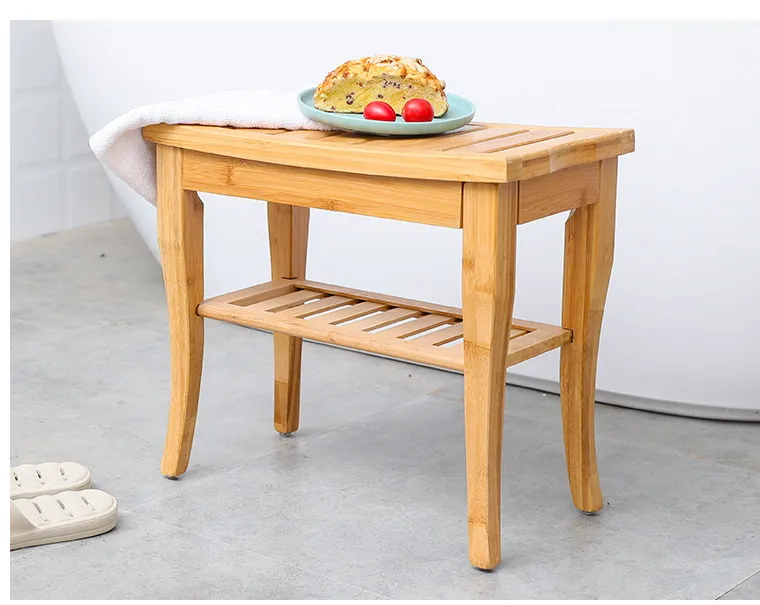 Bamboo Shower Stool Shower Bench with 2-Tier Storage Shelf for Bathroom