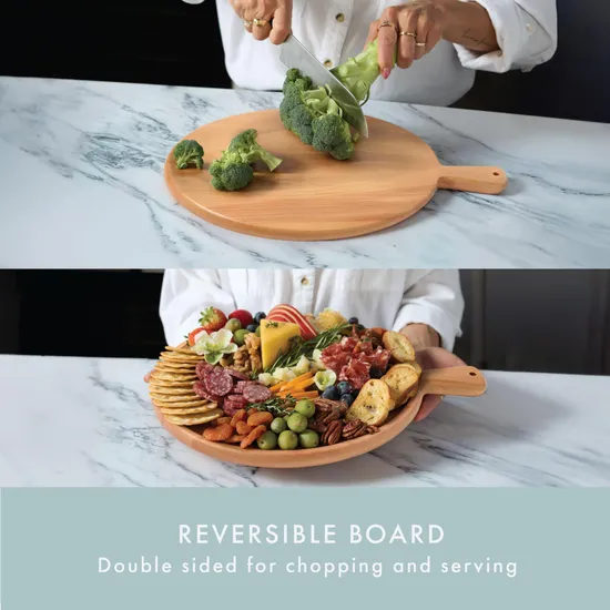 Round Beech Wood Charcuterie Board Serving Tray with Handle