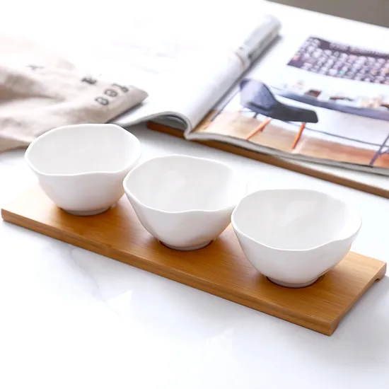 Stylish Ceramic Snack Plate Set with Wooden Serving Tray