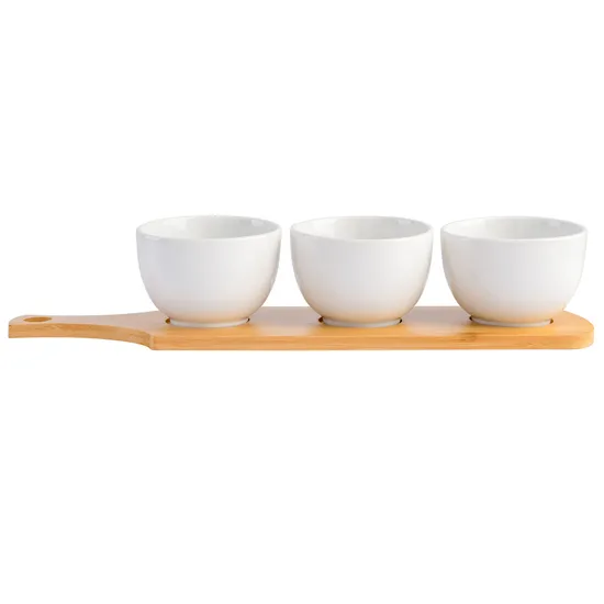 Elegant 3-Piece White Tidbit Bowl Set with Bamboo Serving Tray