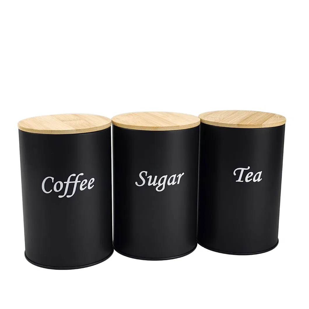 Set of 3 Round Metal Tea Coffee Sugar Canisters Set with Bamboo Lid