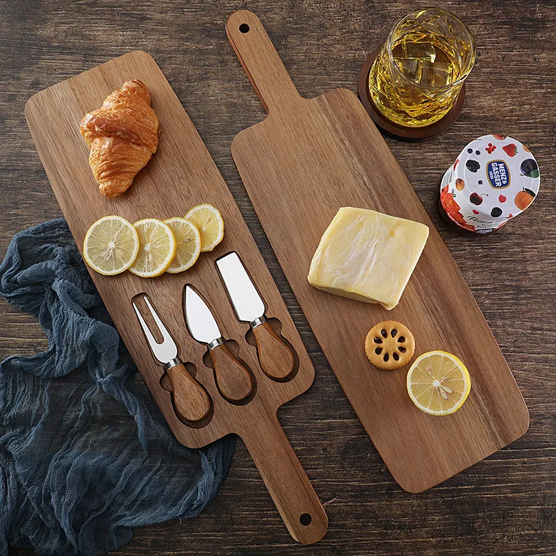 Long Acacia Wood Cheese Board with Cutlery Set for Outdoor Camping
