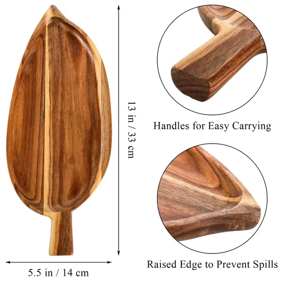 Leaf Shape Acacia Wood Food Serving Tray for Appetizers & Snacks with Handles