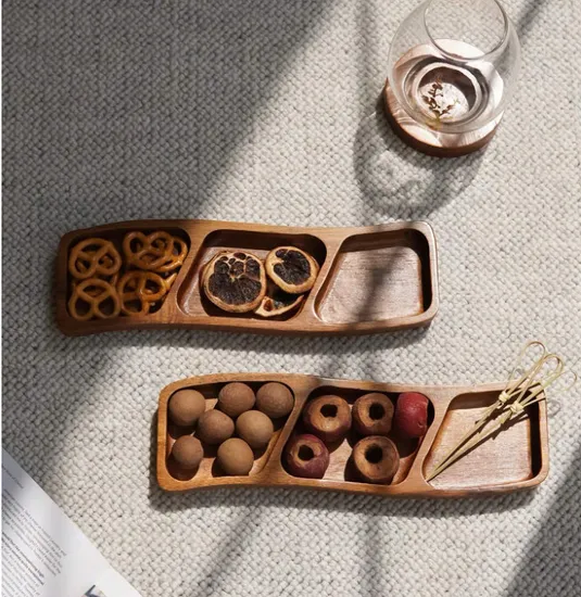 Handcrafted Divided Acacia Wood Sushi Serving Plate Dried Fruits Plate Set