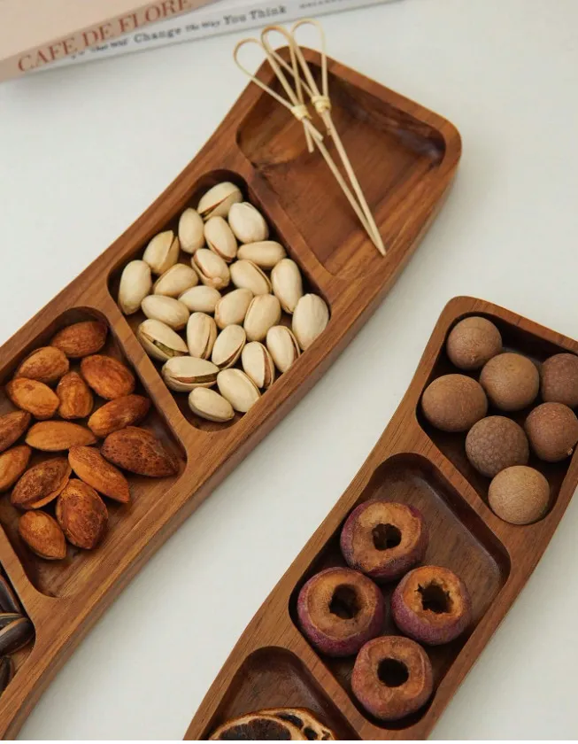 Handcrafted Divided Acacia Wood Sushi Serving Plate Dried Fruits Plate Set