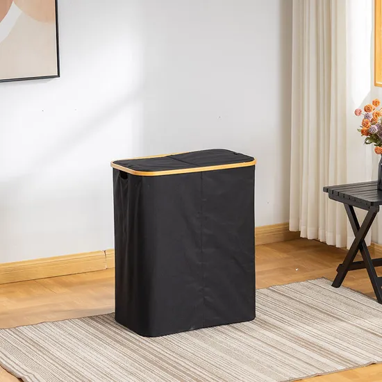Double - Opening Bamboo Fabric Laundry Basket with Large Capacity and Dual Compartments