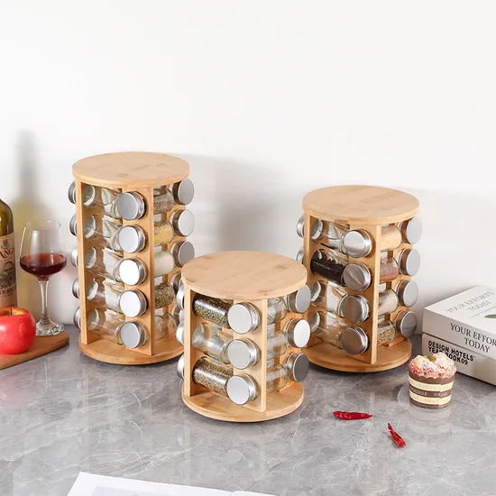 12-Jar Rotating Bamboo Spice Rack for Herbs & Seasonings