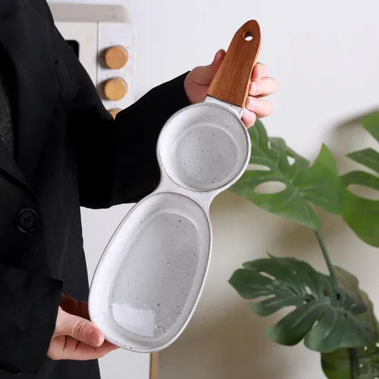 Wooden Handle Ceramic Snack Bowl Divider Ceramic Serving Dish Salad Container Plate