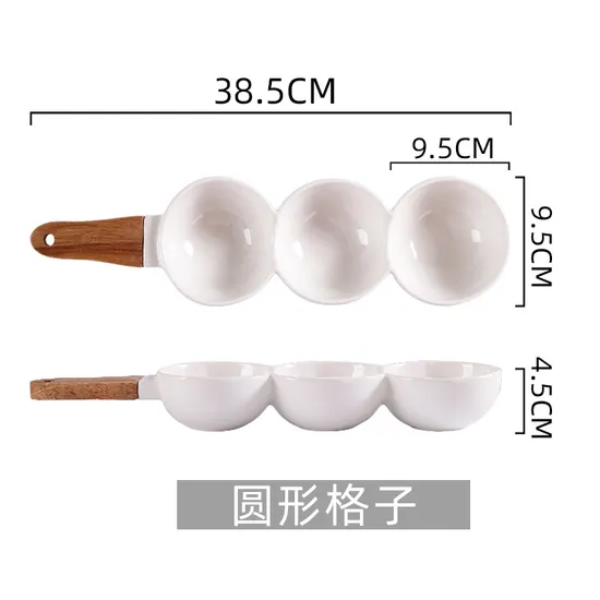 Wooden-Handled Three-Section Ceramic Bowl for Nuts, Veggies, Fruits, and Candy Serving