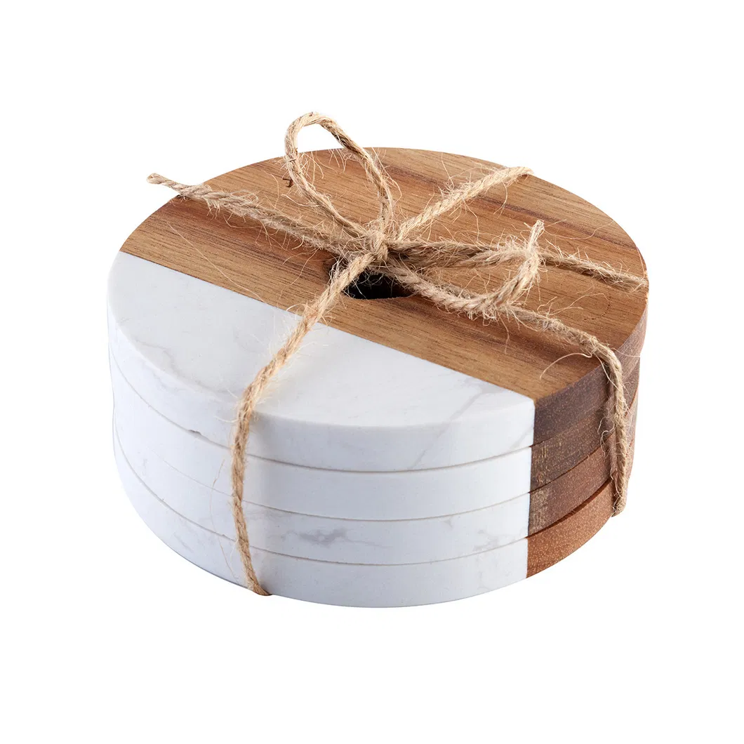 Stackable Storage Round Marble-Acacia Coasters Set for Minimalist Kitchens and Bars