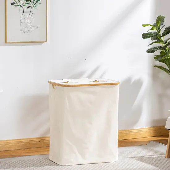 160 L Double-Opening Bamboo Fabric Laundry Basket Large-Capacity Storage Basket with Double Compartments.
