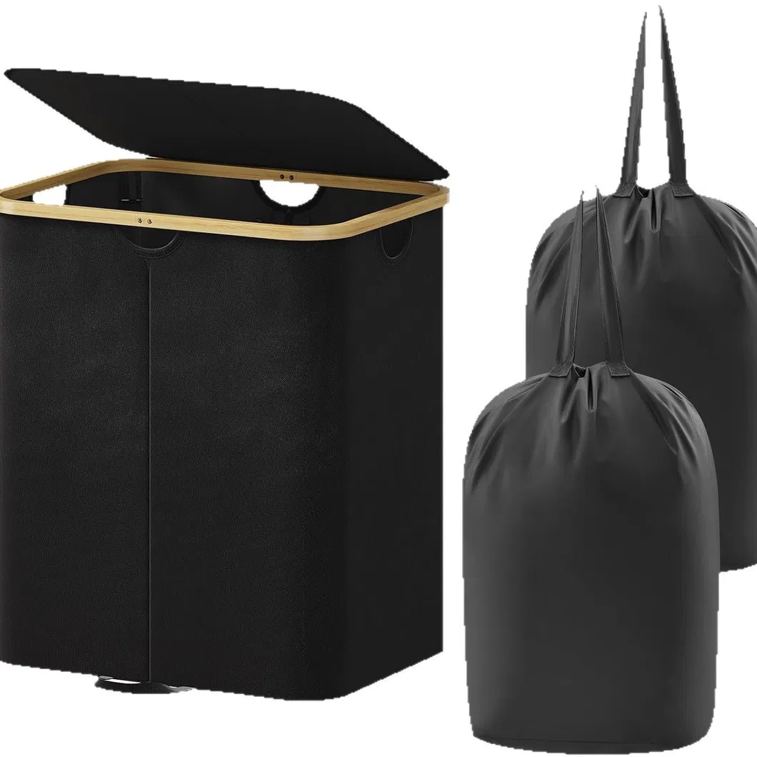 Bamboo Fabric Laundry Basket with Lid and Two Removable Washable Inner Bags
