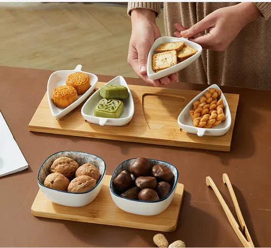 4 PCS Ceramic Appetizer Dipping Bowls with Bamboo Tray
