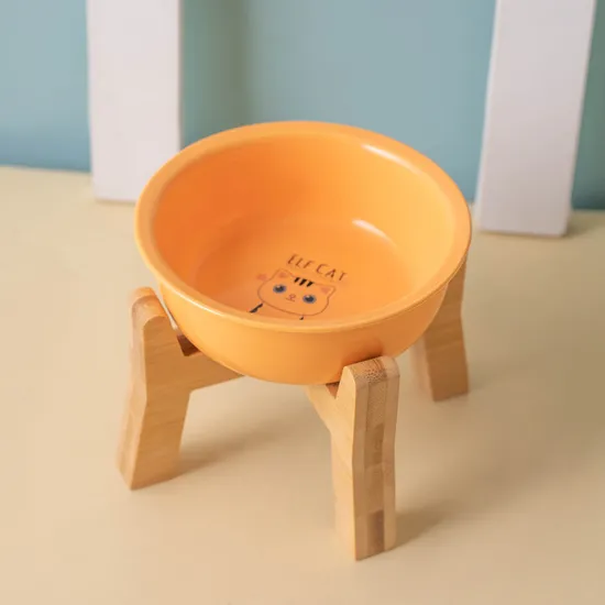 Nordic - Style Pet Ceramic Snack Food Bowl with Wooden High - Foot for Dog and Cat