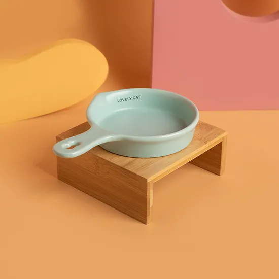 Flat - Bottomed Ceramic Pot Cat Bowl Slow - Feeding Bowl Drinking Bowl with Handle and Bamboo Stand