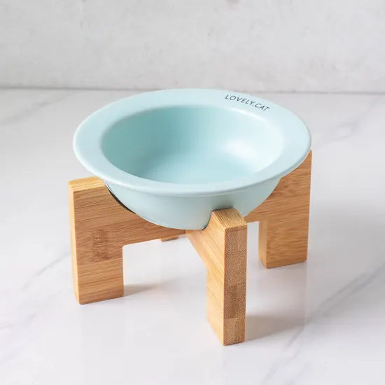 Dog Supplies Pet Ceramic Food Bowl with Wooden Rack