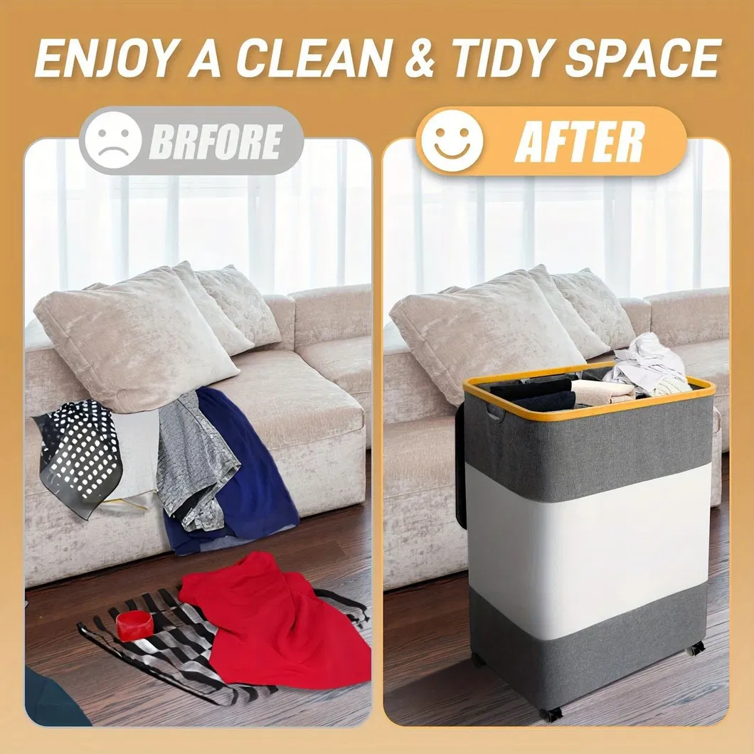 Large Capacity Black and White Spliced Foldable Bamboo Fabric Laundry Basket with Cover and Wheels