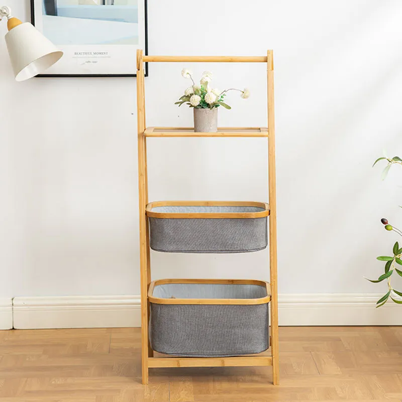 Triple-Layer Bamboo and Fabric Storage Shelf Storage Rack Laundry Basket for Bathroom