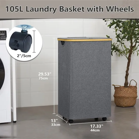 Foldable and Wheeled Bamboo Cloth Laundry Basket with Cover and Inner Bag