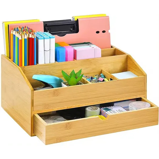 Bamboo Office Desktop Storage Box Office File Storage Shelf with Pen Holder