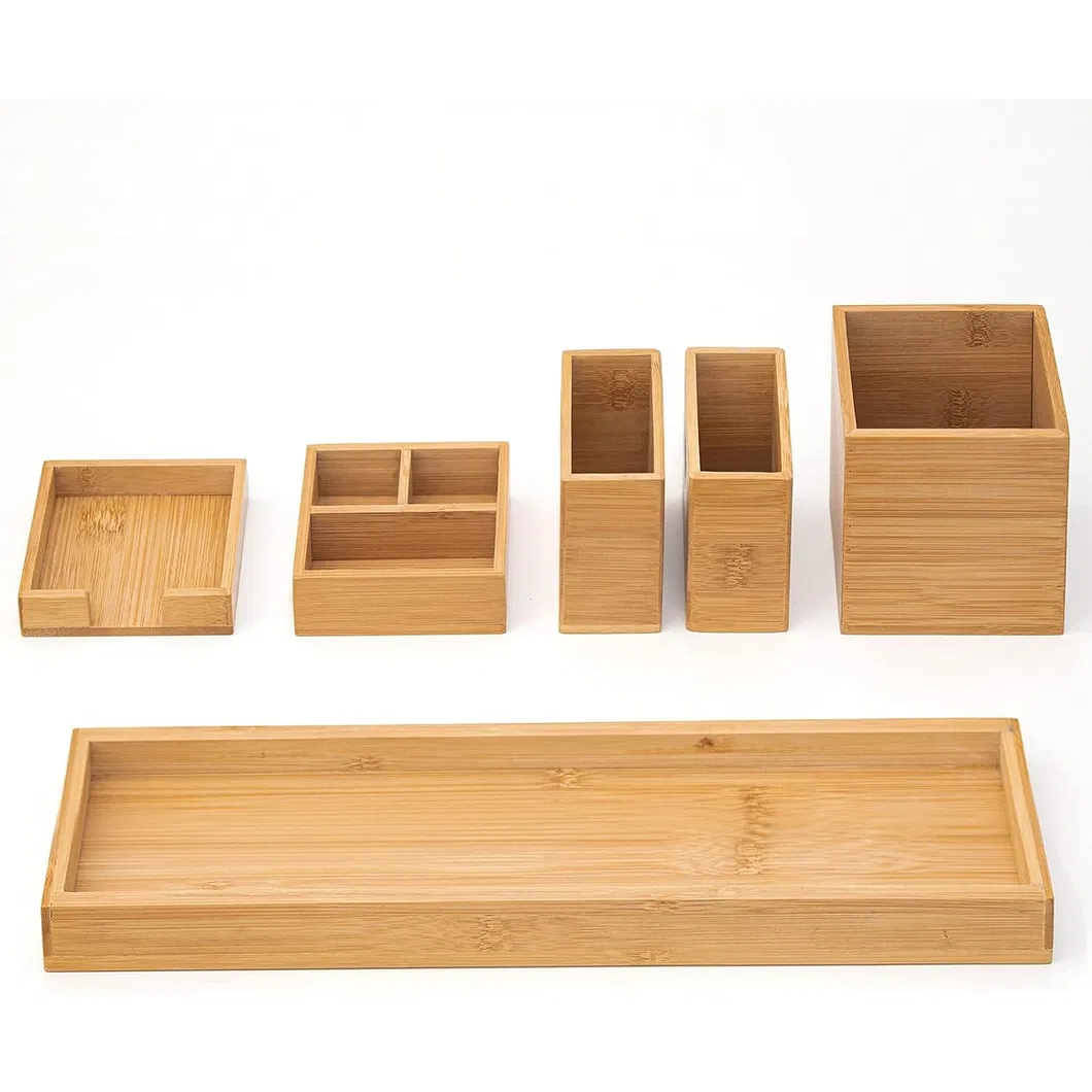 Bathroom Countertop 6-Piece Bamboo Vanity Tray Set/ Makeup Kitchen Desk Organizer and Storage - Holds Small Items