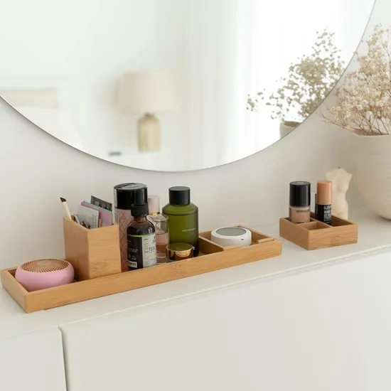 Bathroom Countertop 6-Piece Bamboo Vanity Tray Set/ Makeup Kitchen Desk Organizer and Storage - Holds Small Items