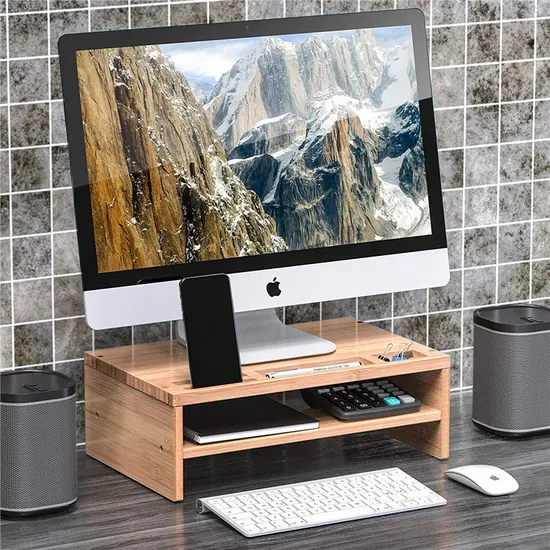 Double-Layer Bamboo Desktop Storage Shelf Computer Riser Monitor Stand