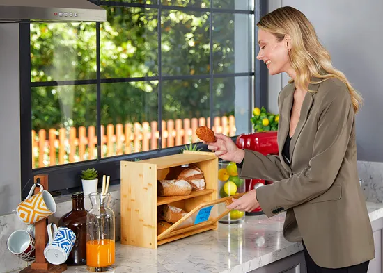 Transparent Rectangular Bamboo Bread and Pastry Storage Box for Snack