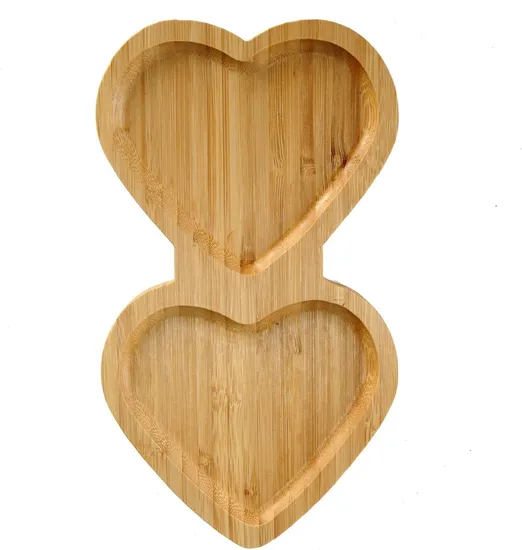 Elegant Heart Shaped 2 Divide Bamboo Wooden Platter for Charcuterie & Side Dishes