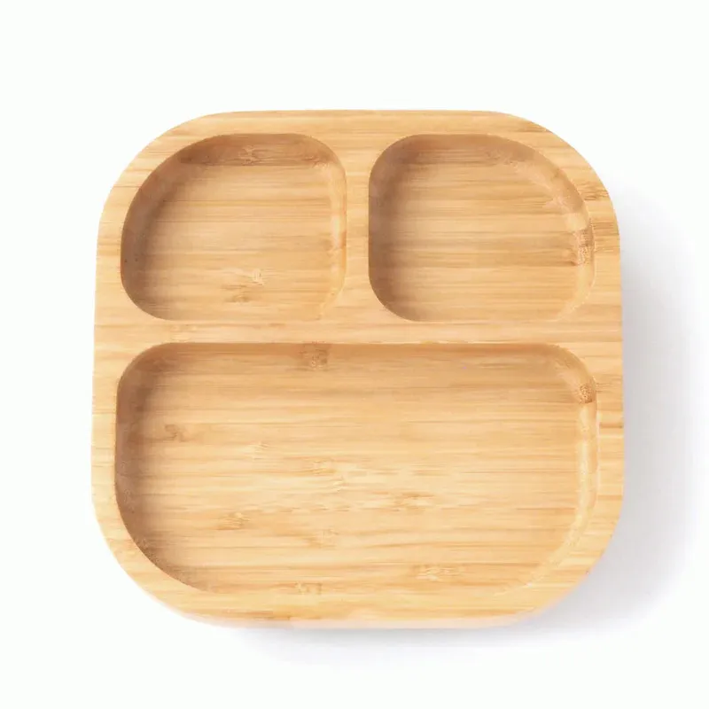 Square Bamboo Portion Plate Wooden Baby Plates with Suction