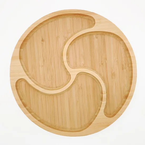 Creative Tableware Round Bamboo Partitioned Plate for Tea Snacks/Pastries/Fruit/Children's Meal and Breakfast