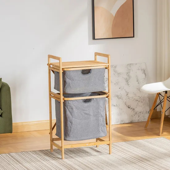 Double - Layer Bathroom Floor - Standing Bamboo and Fabric Storage Shelf as a Dirty Clothes Basket