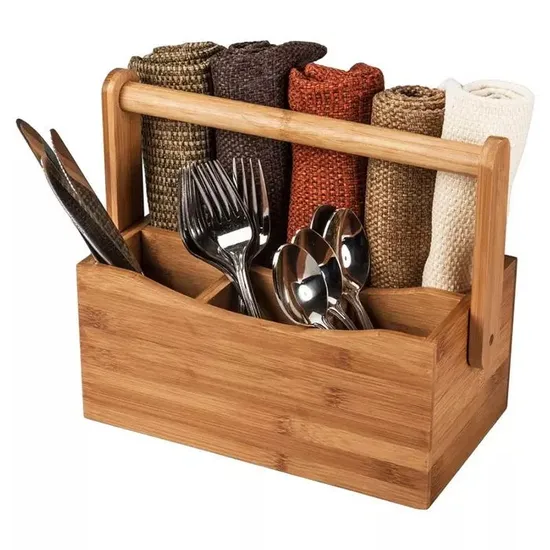 4 Compartments Bamboo Kitchen Cutlery Caddy Utensil Rack Holder Divider
