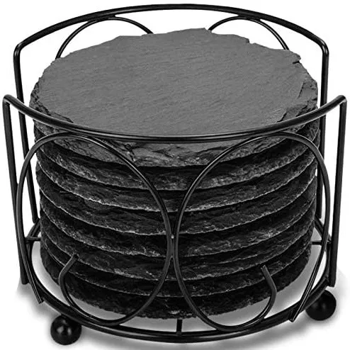 Decorative Slate Cup Coasters with Elegant Metal Holder