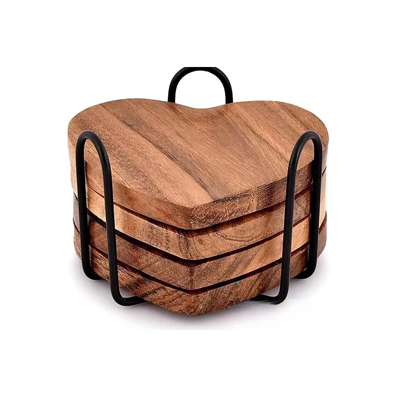 Artistic - Looking Heart Shape Wooden Coaster with Metal Holder for Table Decoration