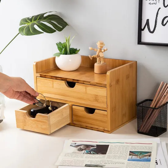Office and Home Supplies 3-Layer Bamboo Desktop Storage Box for Cosmetics and Sundries Storage