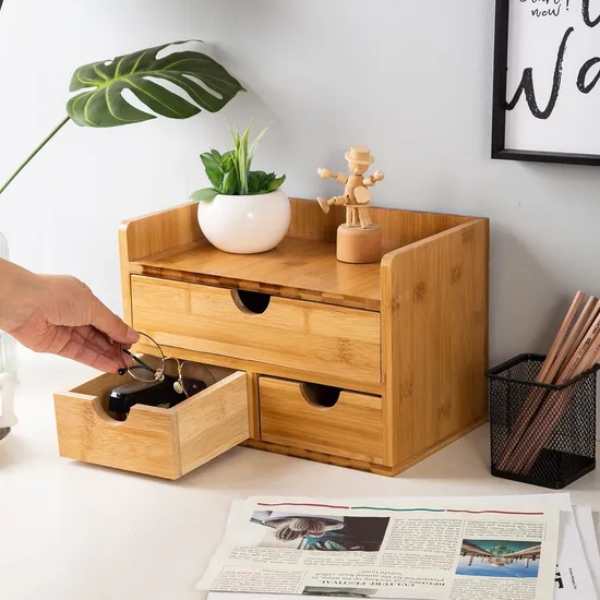 Office and Home Supplies 3-Layer Bamboo Desktop Storage Box for Cosmetics and Sundries Storage