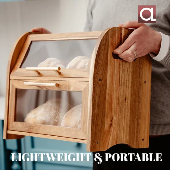 Large Double Acacia Wooden Bread Box Container Storage for Kitchen