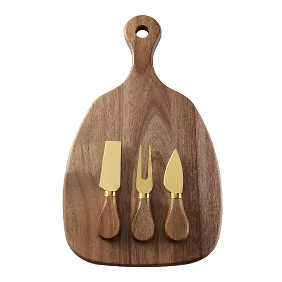 Easy Clean Acacia Wood Cheese Board Serving Board with Handles and Black Knives