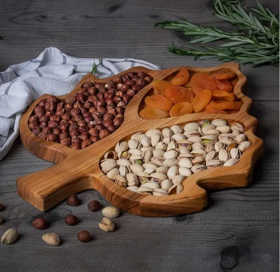 Leaf Shape Divided Acacia Wood Portion Serving Plate for Dried Fruits / Snack