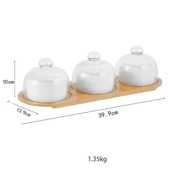 Hot Selling Serving Bowl with Wooden Tray and Dome Glass Lid for Fruit Snack Ceramic Dessert Bowl