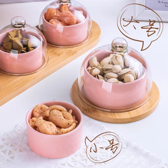 Bamboo Serving Platter with Glass Lids and Ceramic Bowls for Snack Candy Fruit Nut