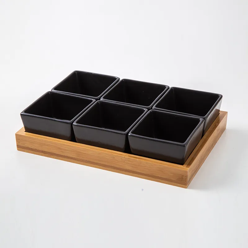 Hot Selling Ceramic Tableware Snack Appetizer Set Serving Plate with Wooden Bamboo Tray