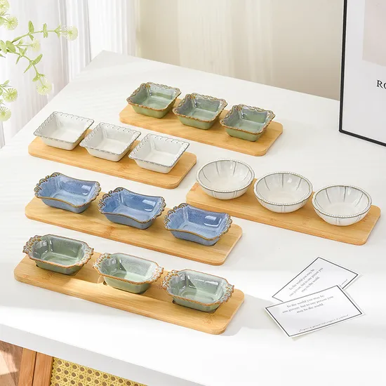 Set of 4 Ceramic Seasoning Dipping Bowls with Bamboo Serving Tray for Sush and Sauce