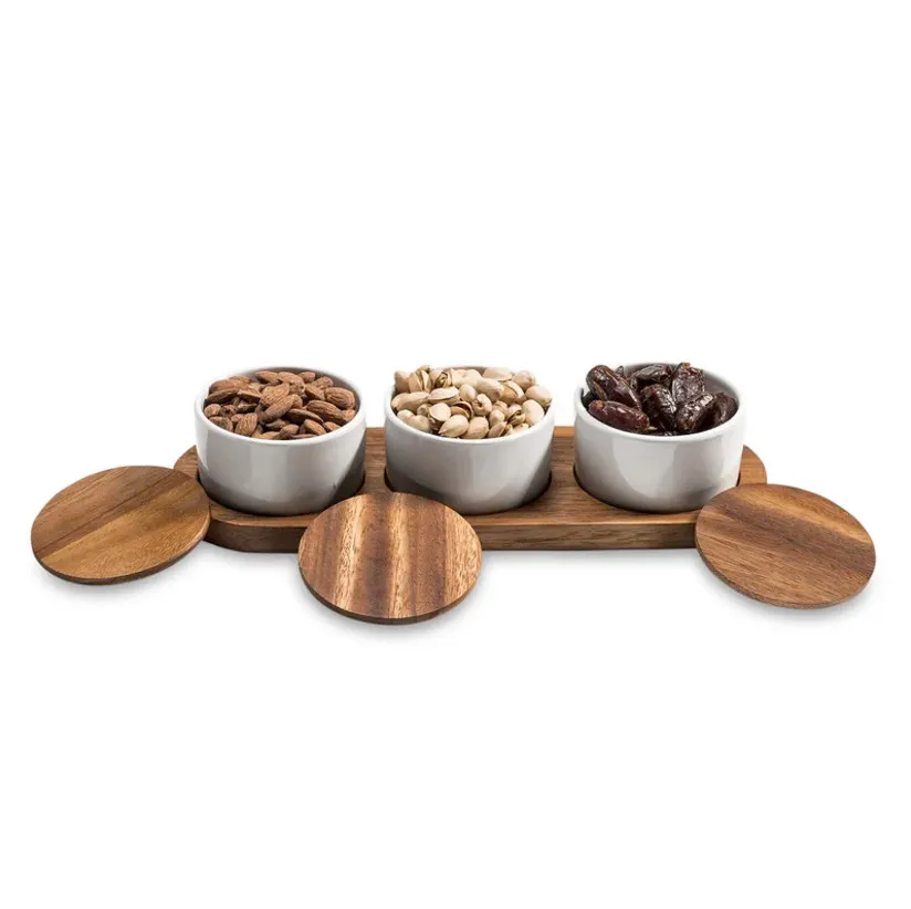 Ceramic Condiment Set Sauce Dish on Acacia Wood Base