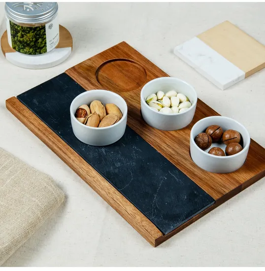 Rectangle Wood Serving Board with Slate and 3 DIP Cups