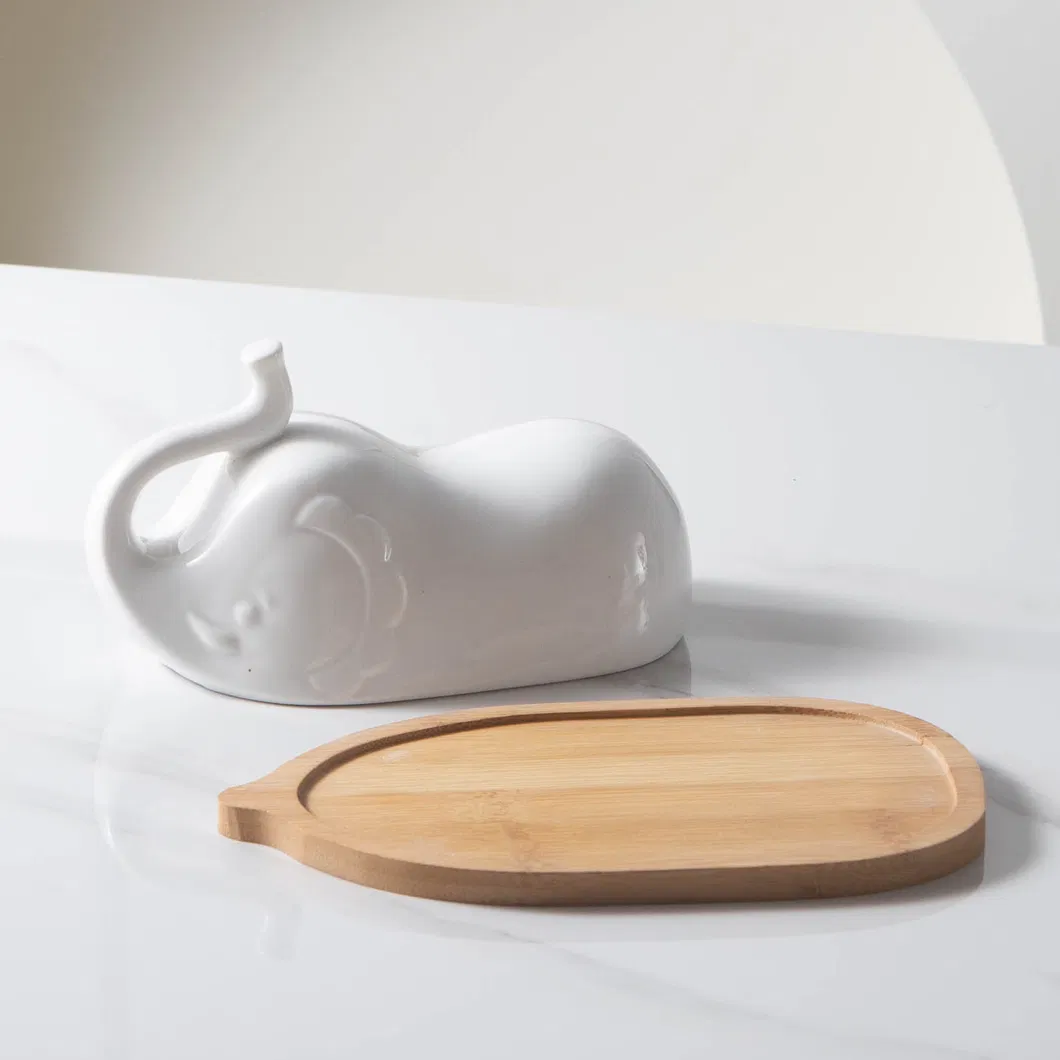 Bamboo Butter Dish with Elephant Shape Ceramic Lid for Countertop Kitchen